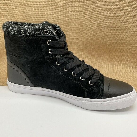 Isaac Mizrahi Sky Black Suede Soho Lily Knit Trim Lace Up Hi Top Sneakers 9 M - Picture 2 of 11